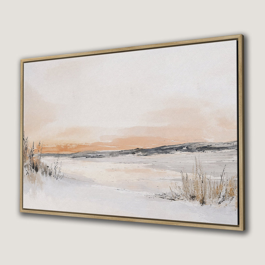 Framed Wall Art: Serene landscape Canvas Print in neutral tones. Featuring a minimalist style with a warm peach and gray color palette. Perfect for any room!