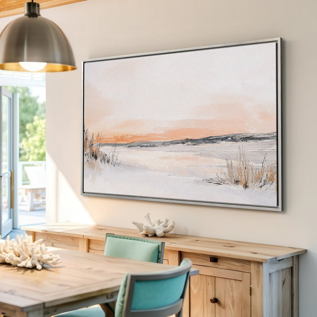 Framed Wall Art: Abstract landscape Canvas Print in neutral tones. Modern art with a serene, minimalist style. Perfect for adding a touch of calm to any room.