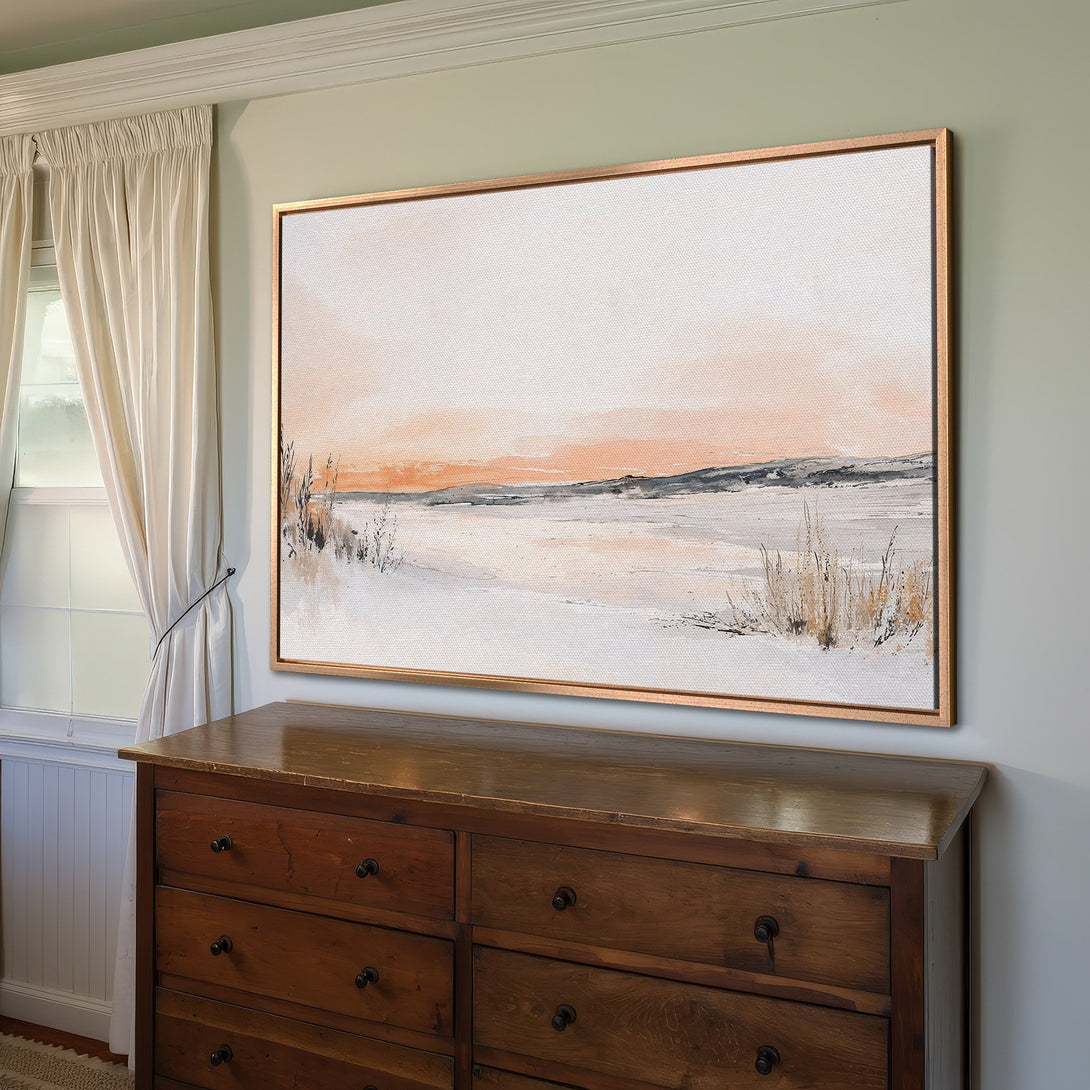 Framed Wall Art: Abstract landscape Canvas Print in neutral tones. Warm peach, gray, and white color palette. Perfect for adding a touch of calm to any space.