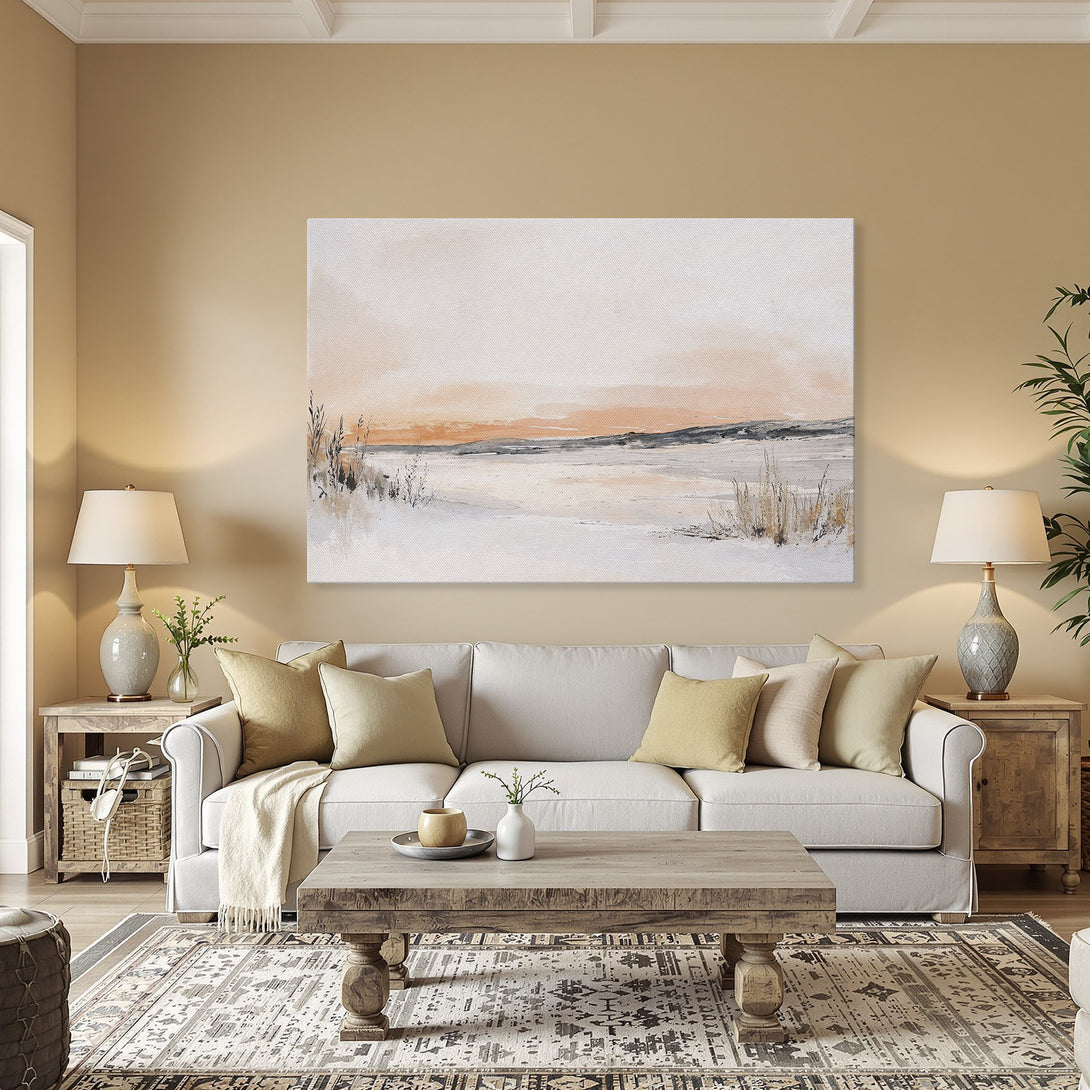 Framed Wall Art: Abstract landscape Canvas Print with neutral tones and a touch of peach, perfect for adding a touch of serenity to your home.