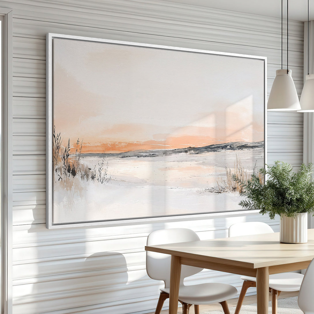 Framed Wall Art: Abstract landscape Canvas Print in neutral tones. Modern art with peach, gray, and white palette. Perfect for minimalist decor.