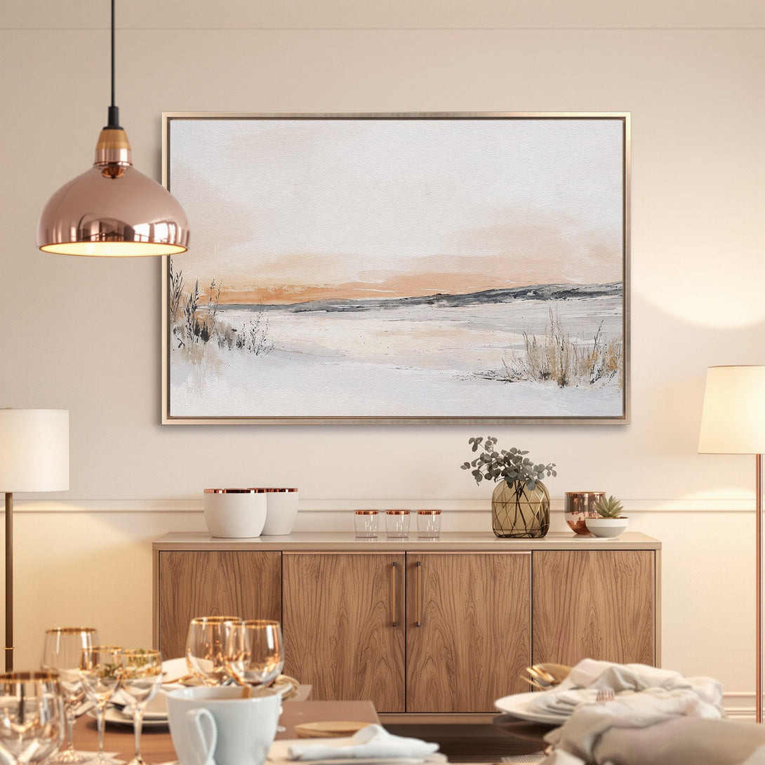 Framed Wall Art: Abstract landscape Canvas Print in neutral tones. Soft peach, gray, and white color palette. Perfect for modern home decor.