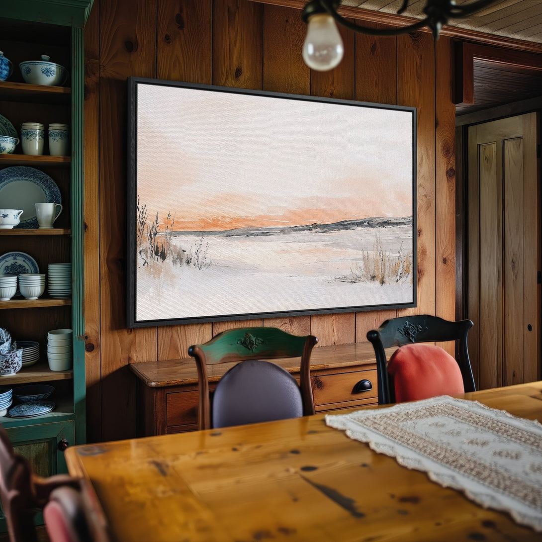 Framed Wall Art: Abstract landscape Canvas Print in neutral tones, perfect for adding a touch of serenity to your dining room decor.