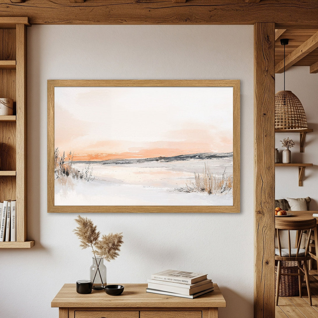 Framed Poster: Serene landscape art print in warm orange and gray tones, perfect for adding calming vibes to your home decor.
