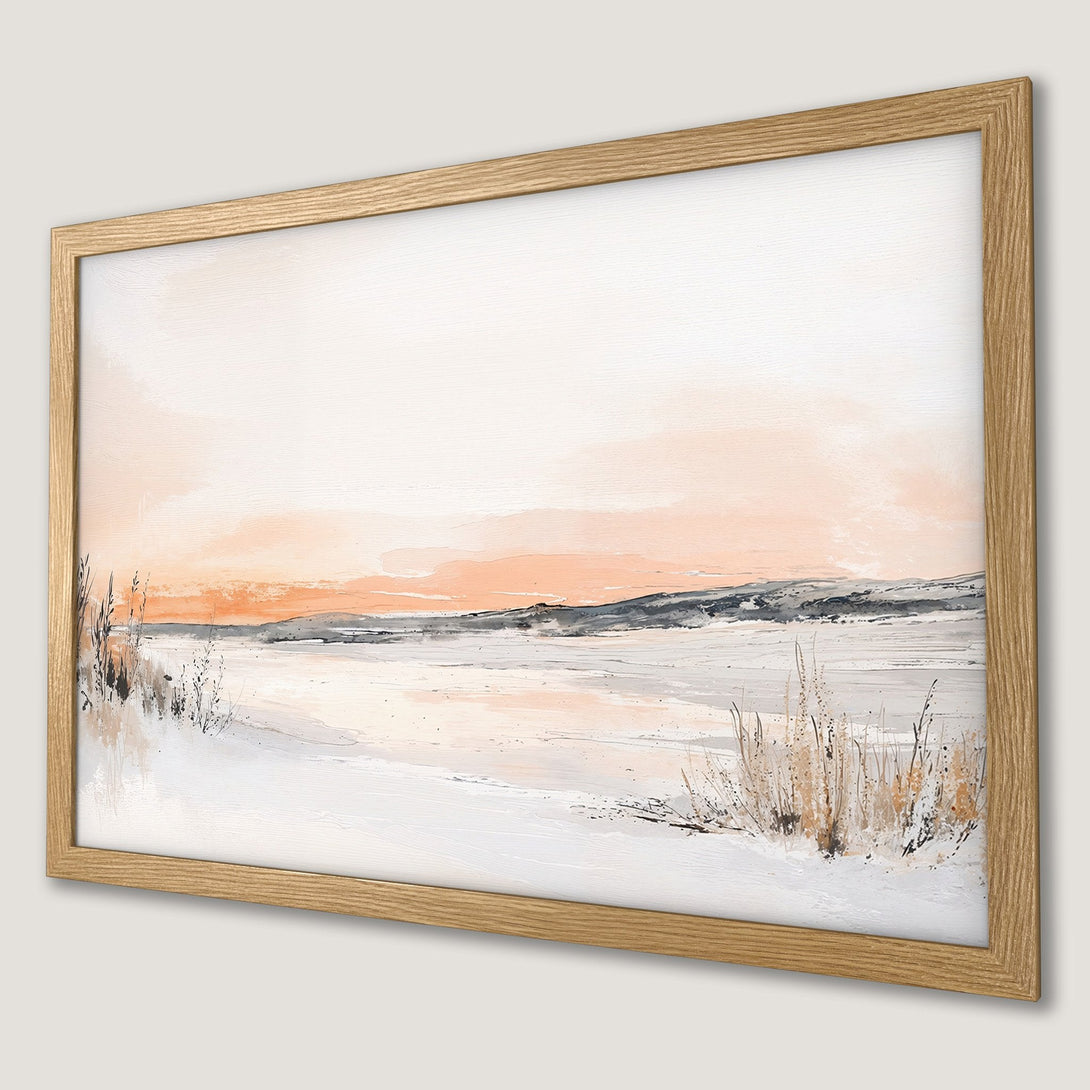Framed Poster of a winter landscape painting in a neutral color palette. Perfect wall art for a cozy home.