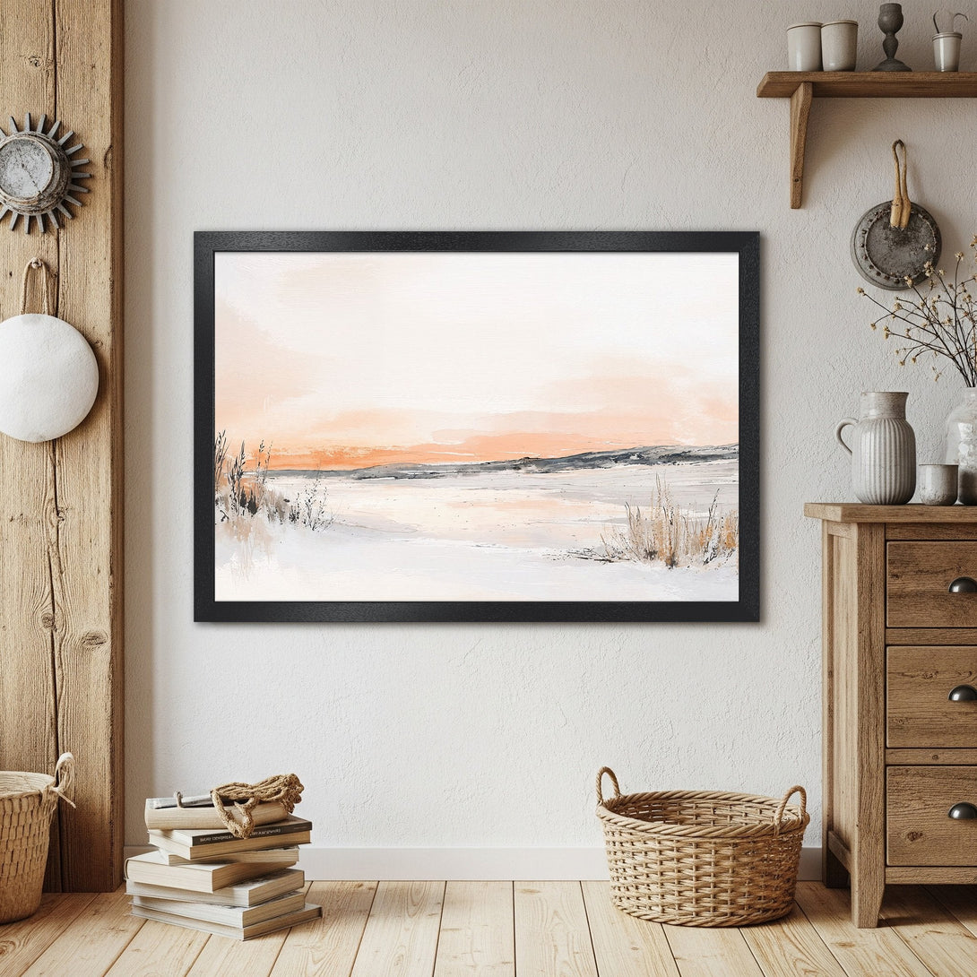Framed Poster of a serene landscape in watercolor style, featuring a warm orange and gray color palette. Perfect home decor.