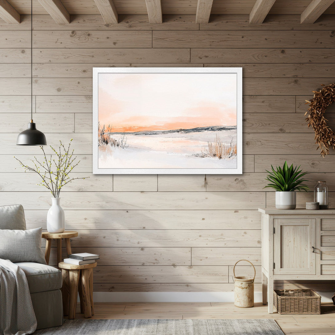 Framed Poster of a serene landscape in watercolor style with a warm peach and gray color palette, perfect for home decor.