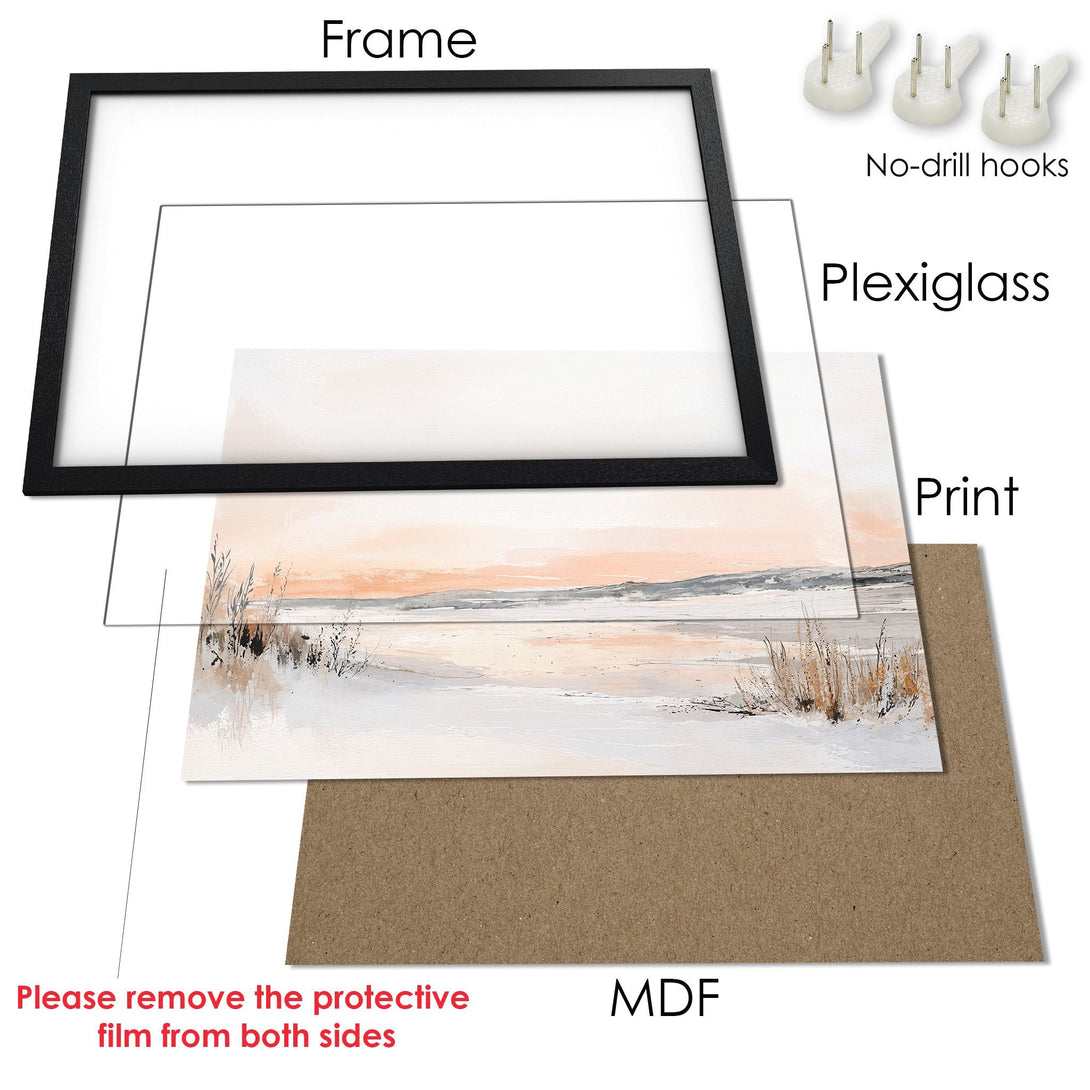 Framed Poster featuring a serene landscape painting in a neutral color palette. Perfect wall art for any room!