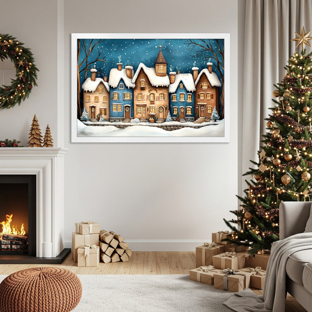 Framed Poster of a cozy winter village scene, painted in a whimsical style with blue, brown, and white hues. Perfect holiday decor!