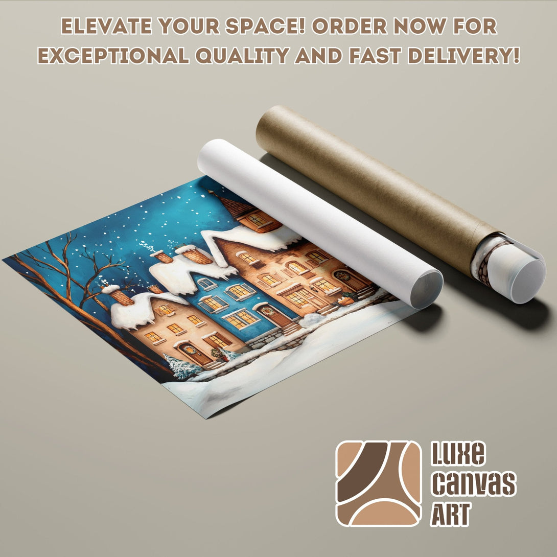 Winter village art Poster Roll, watercolor style with blue and brown tones. Elevate your space!