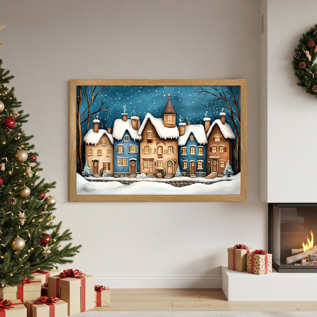 Framed Poster featuring a charming winter village scene. Cozy style with a blue, brown, and white color palette. Perfect holiday decor!