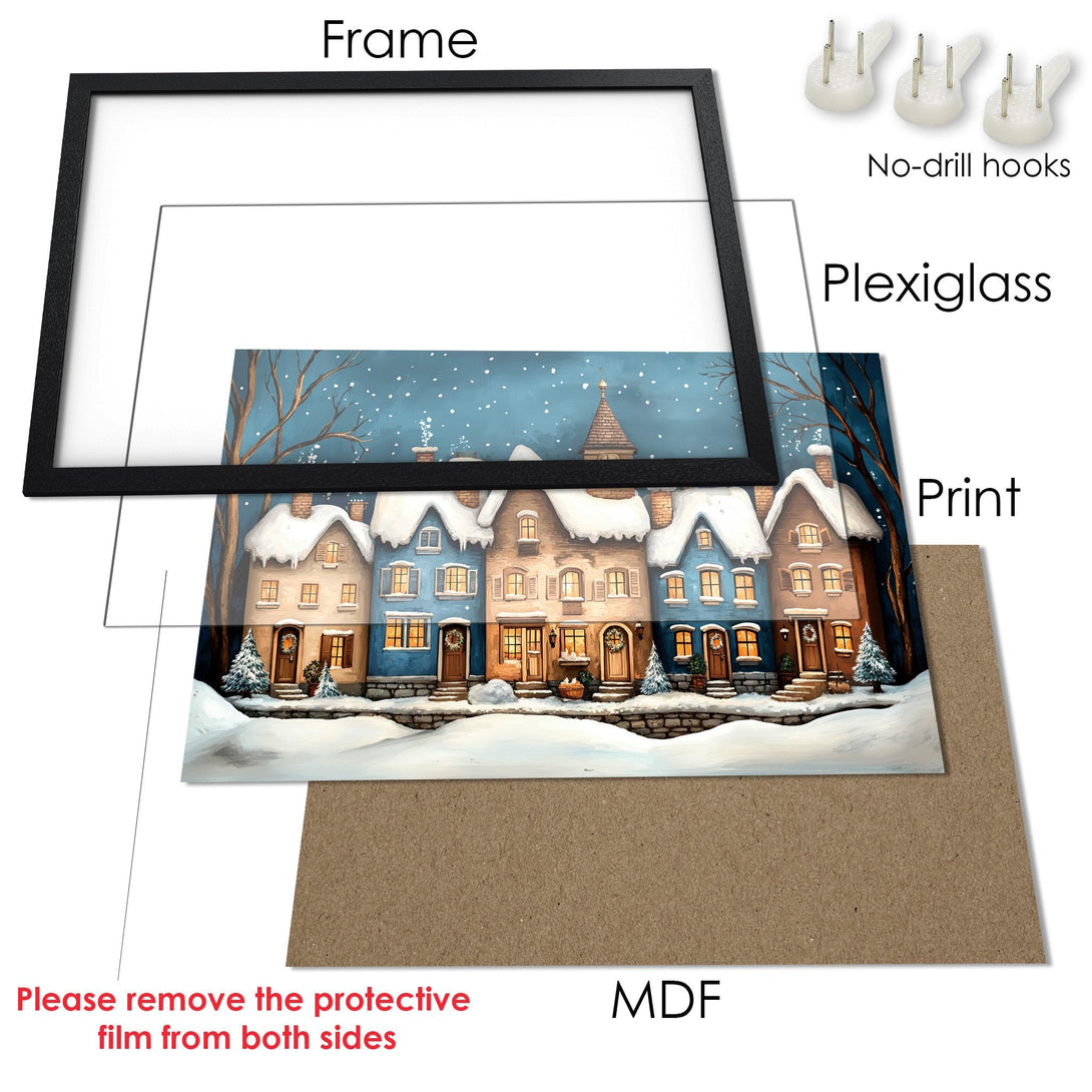 Framed Poster featuring a winter village scene in a charming, painterly style with a cool blue and warm brown color palette.