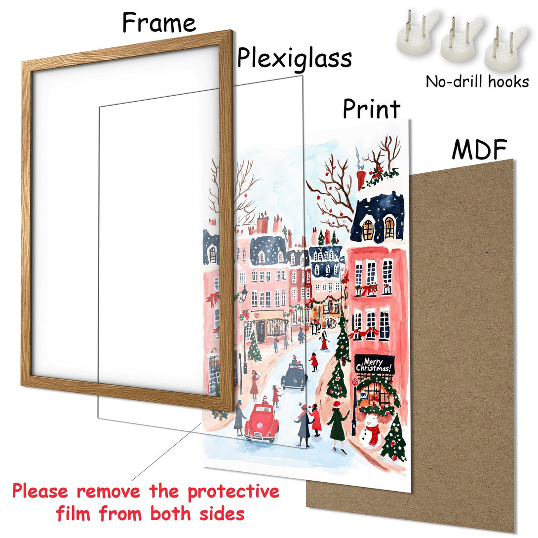 Framed Poster of a Christmas street scene. Watercolor style with pink, red, and blue hues. Perfect holiday decor!