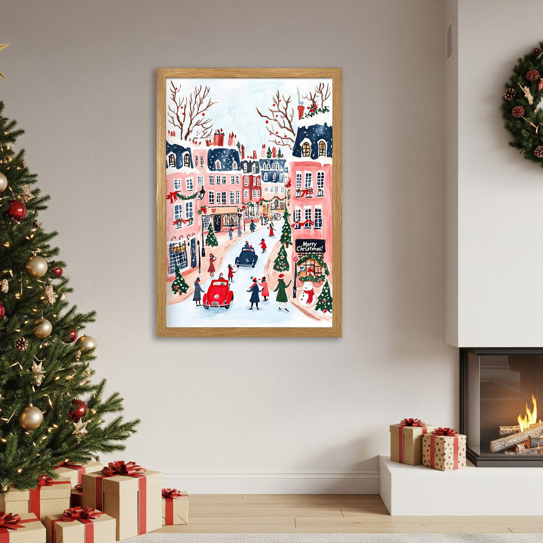 Framed Poster featuring a charming Christmas street scene in watercolor style, with pink buildings and a festive color palette.