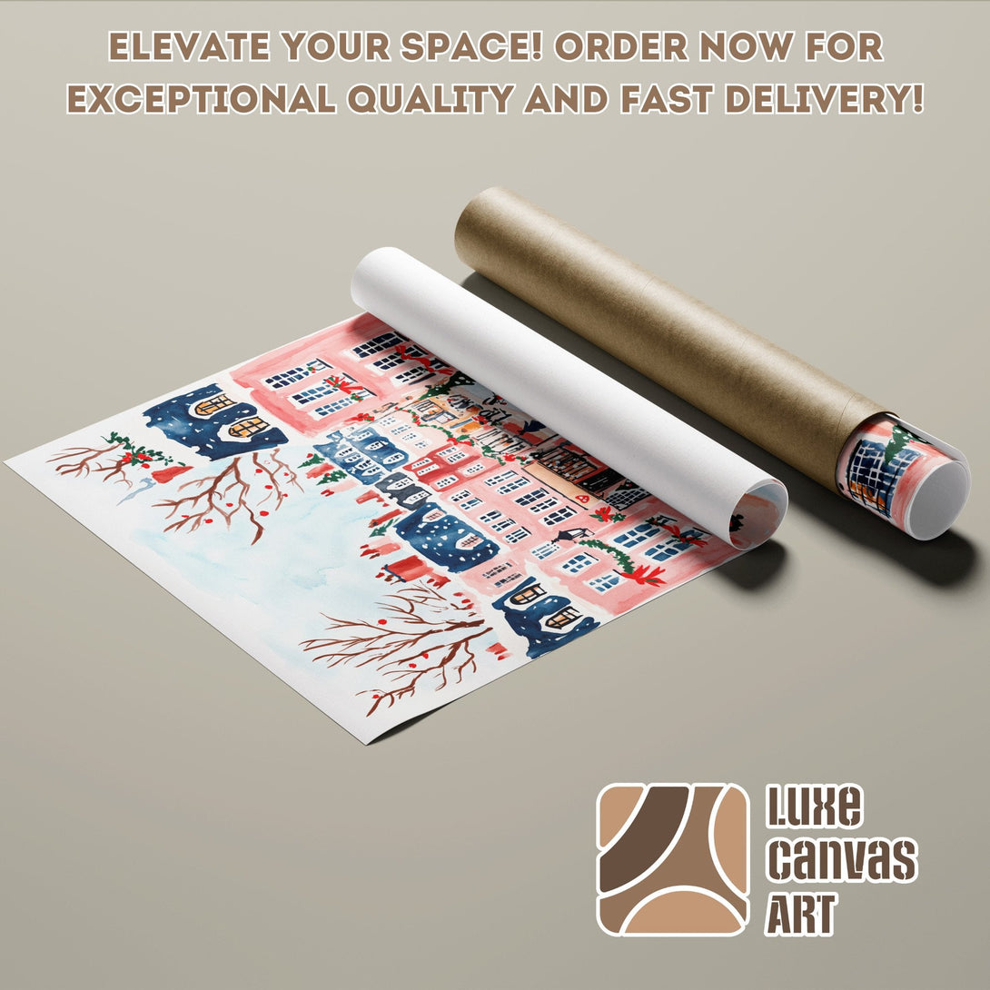 Watercolor Poster Roll featuring a winter village scene in pinks and blues. Elevate your space!