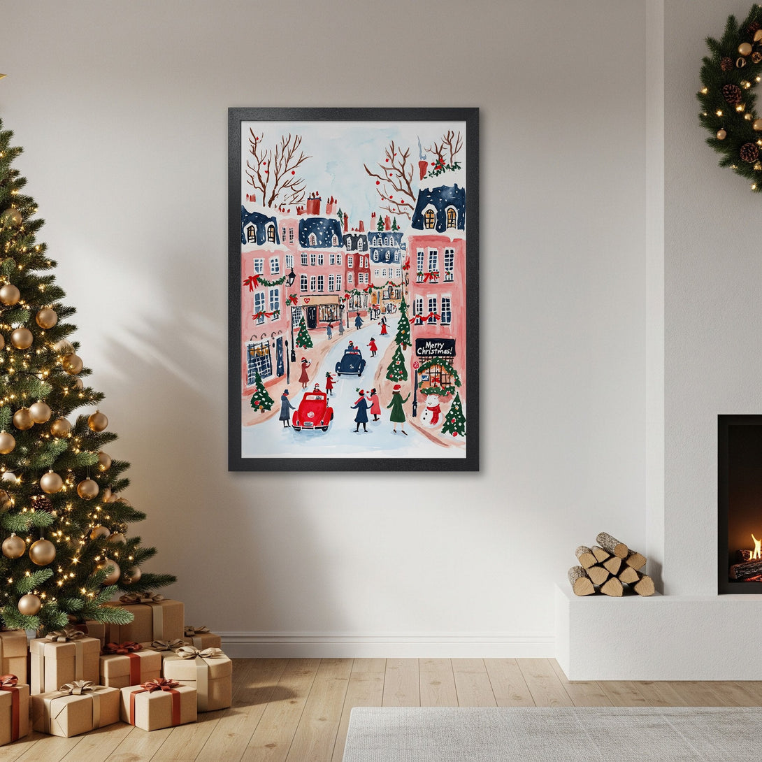 Framed Poster of a festive Christmas scene in watercolor style, featuring pink buildings and a cheerful color palette. Perfect holiday decor!