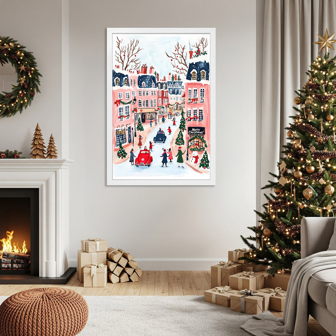 Framed Poster of a Christmas scene in watercolor style. Pink and blue buildings with festive details. Perfect holiday decor.