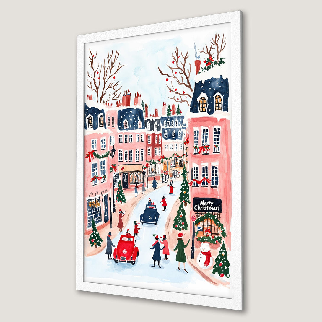 Framed Poster: Watercolor Christmas street scene in pink, blue, and red. Festive art print for holiday decor.
