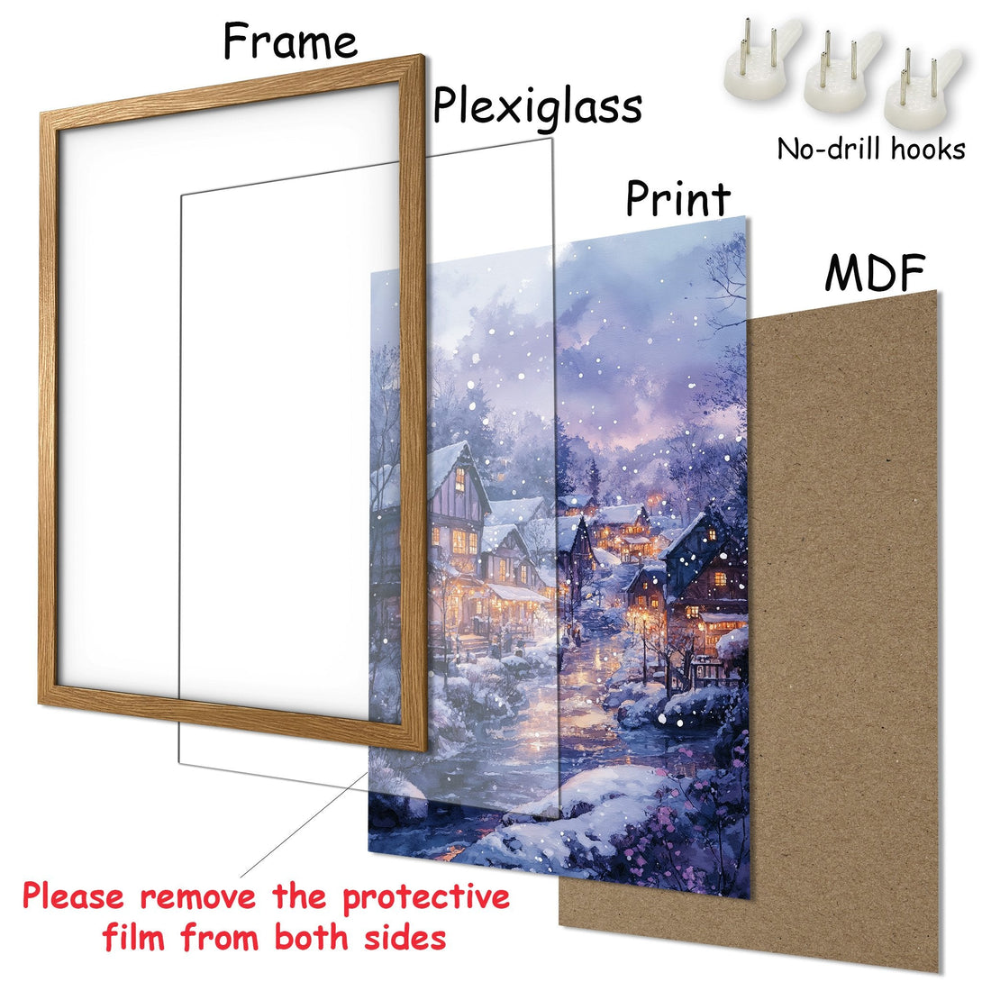 Framed Poster of a winter village scene in a watercolor style, featuring a dreamy blue and purple color palette. Ready to hang!