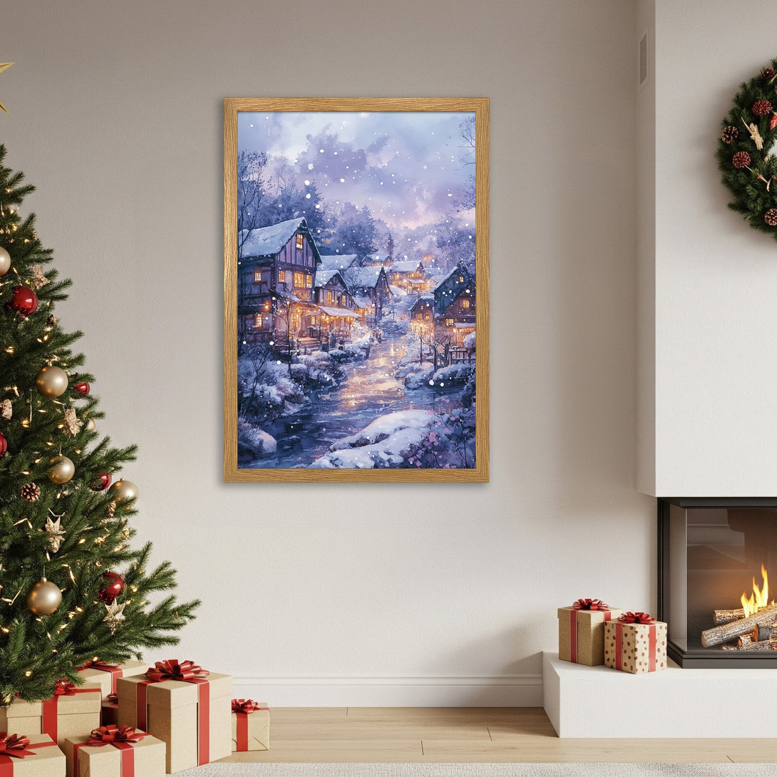 Framed Poster of a snowy village scene. Watercolor style with a blue and purple color palette. Perfect holiday decor!
