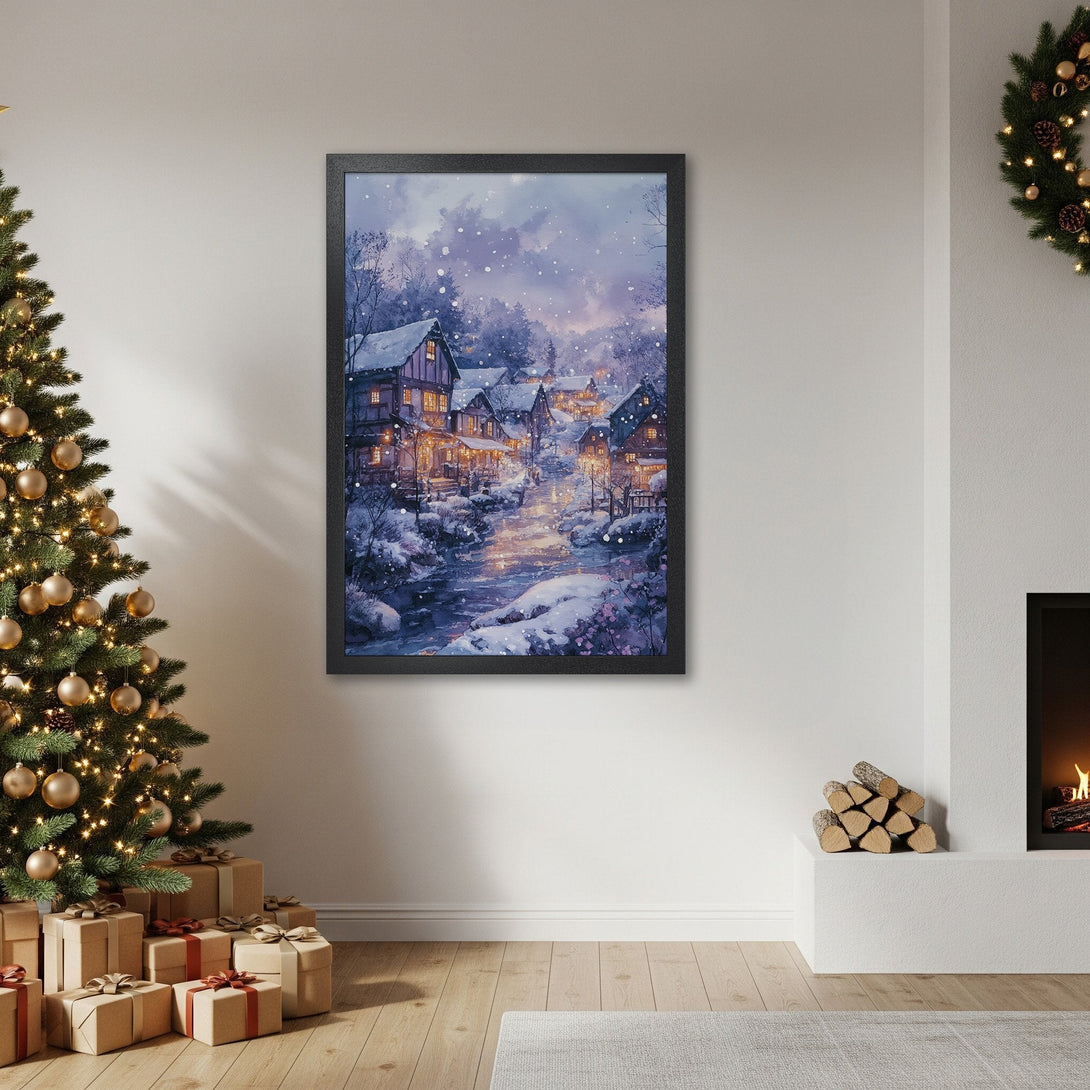 Framed Poster of a winter village scene in watercolor style, featuring a snowy landscape with a blue and purple color palette. Perfect for holiday decor!