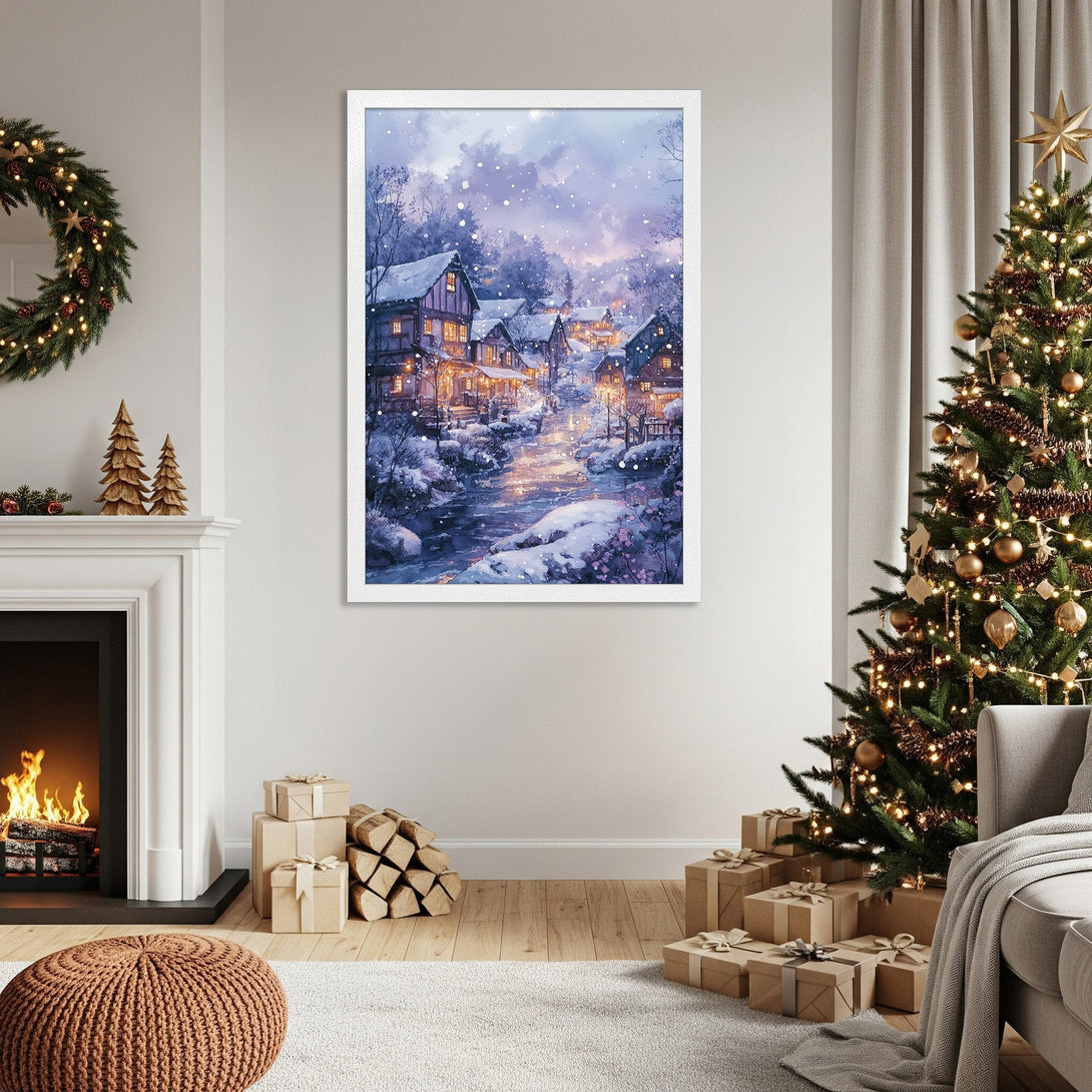Framed Poster featuring a winter village scene in a watercolor style with a blue and purple color palette. Perfect holiday decor!