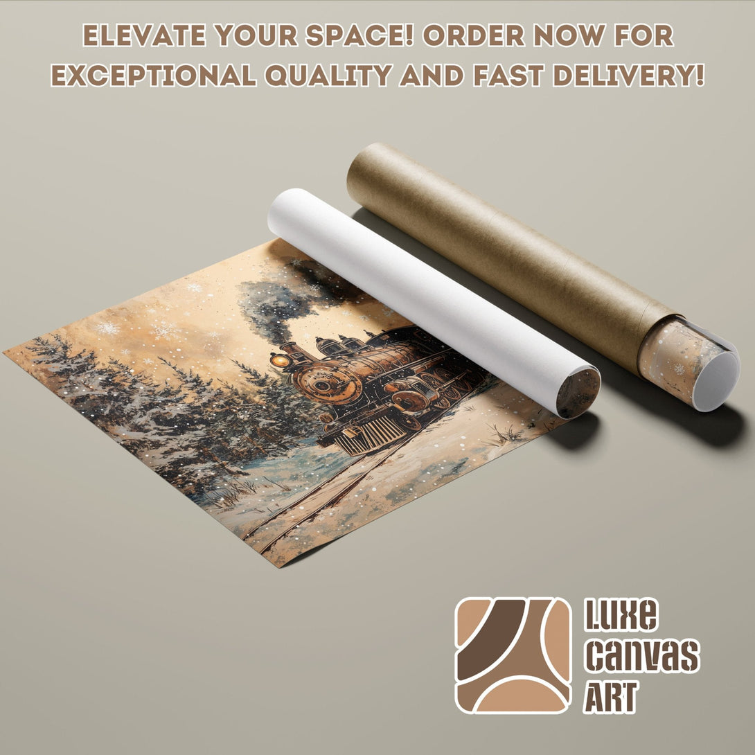 Poster Roll featuring a vintage train in a winter landscape, warm color palette. Order yours today!