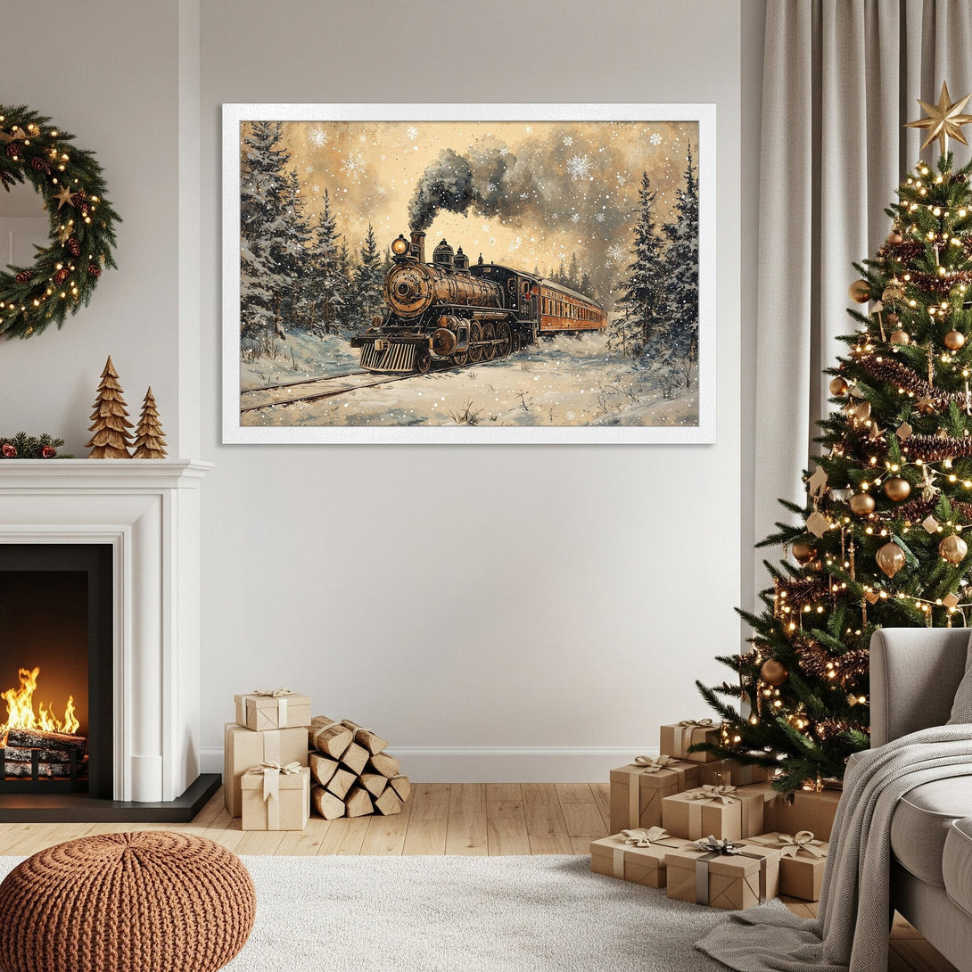 Framed Poster featuring a vintage train in a snowy landscape. Warm, inviting color palette perfect for cozy winter decor.