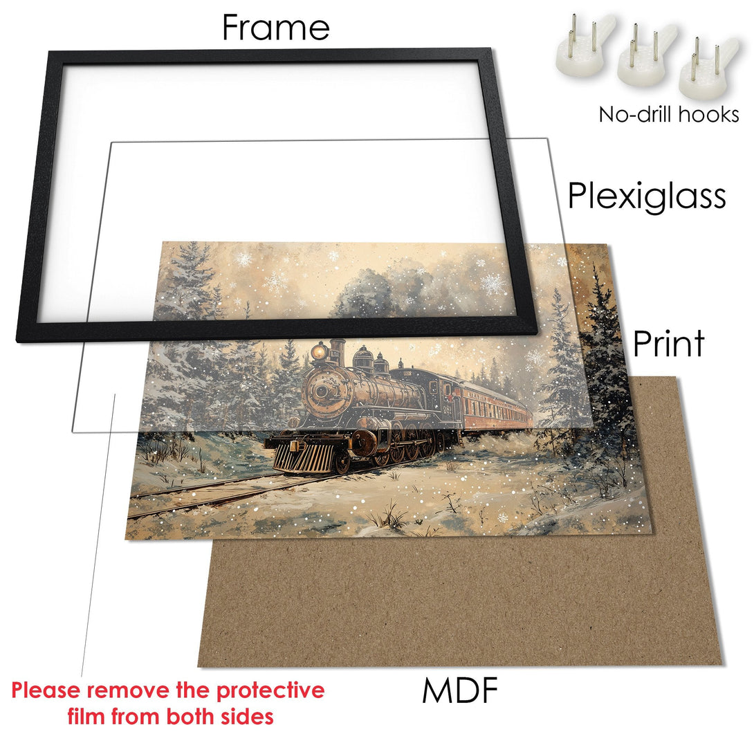 Framed Poster of a vintage train in a winter scene. Warm, muted tones create a cozy, nostalgic feel. Perfect for home decor!