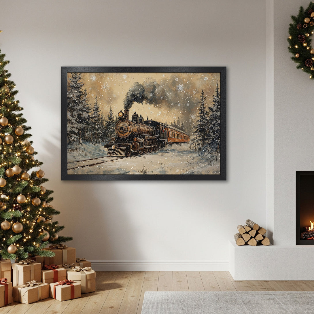 Framed Poster featuring a vintage train in a snowy forest scene, warm sepia tones. Perfect Christmas decor!