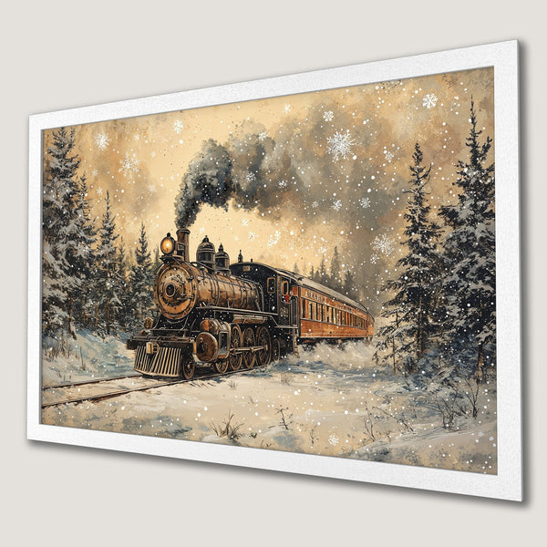 Framed Poster featuring a vintage train in a snowy winter landscape. Warm color palette with a nostalgic, artistic style. Perfect wall art!