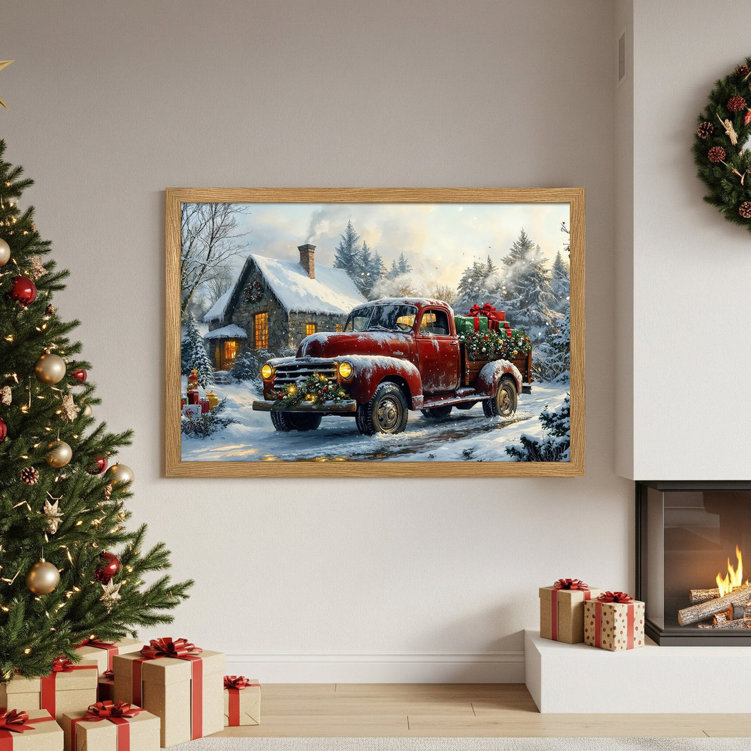 Framed Poster featuring a vintage red truck in a snowy winter scene, warm color palette perfect for Christmas decor.