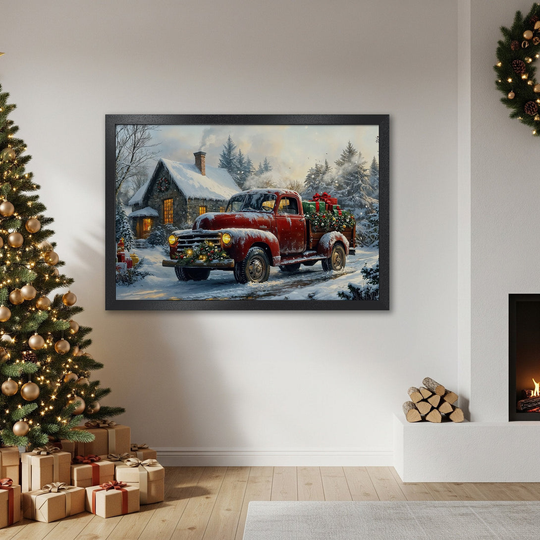 Framed Poster of a red truck in a snowy winter scene. Cozy art with a warm, festive color palette. Perfect Christmas decor.