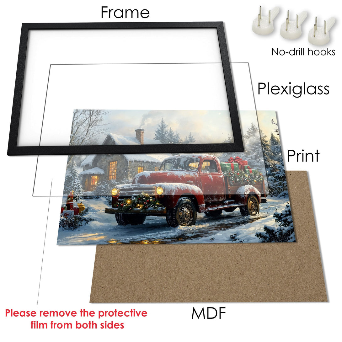 Framed Poster featuring a vintage red truck in a winter scene. Warm, inviting colors and a classic, illustrative style. Perfect holiday decor!