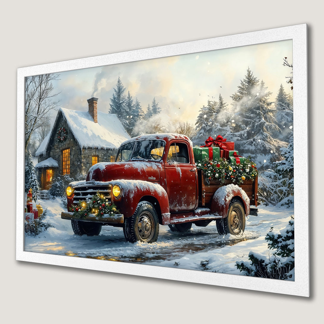 Framed Poster of a vintage red truck delivering Christmas gifts in a snowy winter scene. Warm, inviting color palette. Perfect holiday decor!