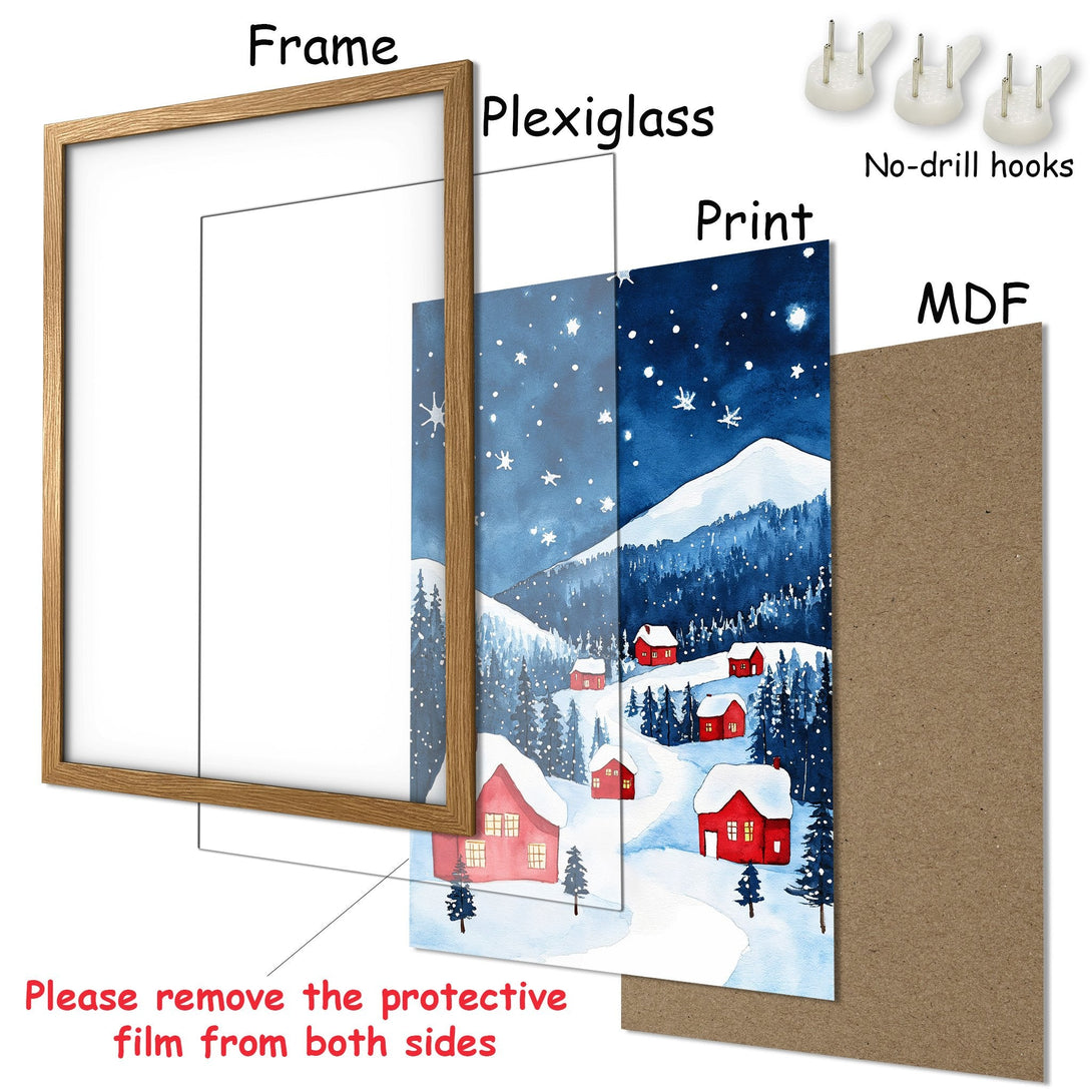 Framed Poster: Watercolor winter landscape art print with red houses, blue and white palette. Ready to hang.