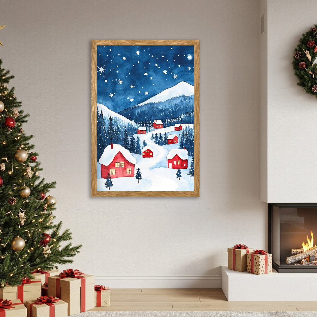 Framed Poster of a winter village scene, watercolor style. Features red houses against a blue night sky. Perfect holiday decor!