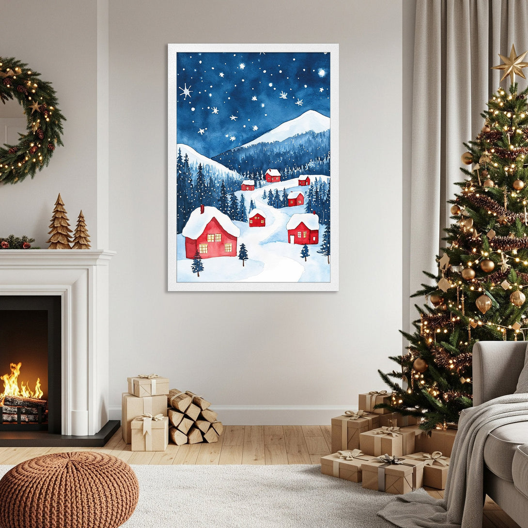 Framed Poster of a watercolor winter landscape with red houses, blue and white tones. Perfect Christmas decor!