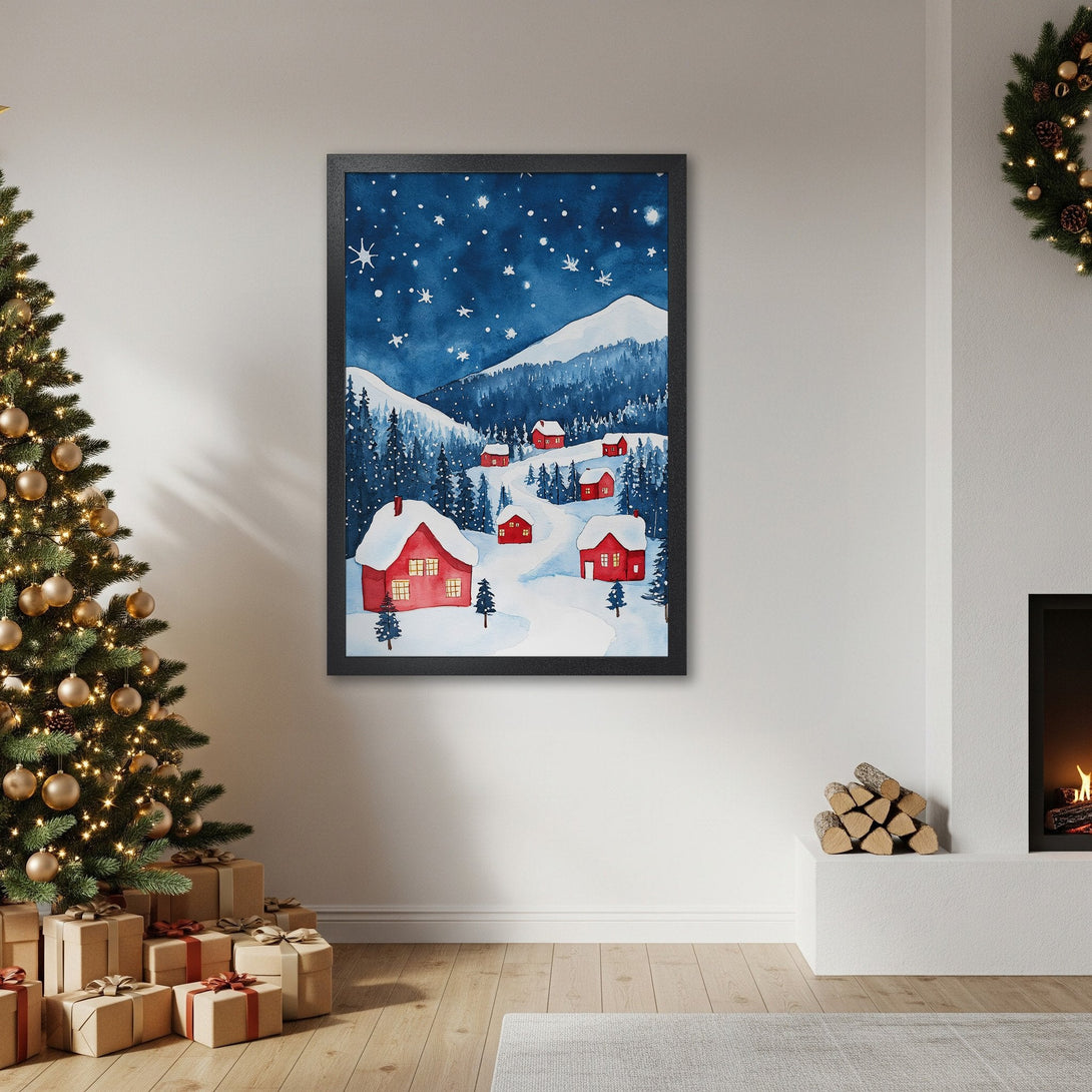 Framed Poster featuring a winter village scene in watercolor style, with a blue and red color palette. Perfect holiday decor!