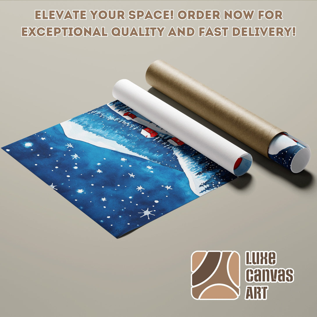 Watercolor Poster Roll featuring a winter scene with a blue and white color palette. Order yours today!