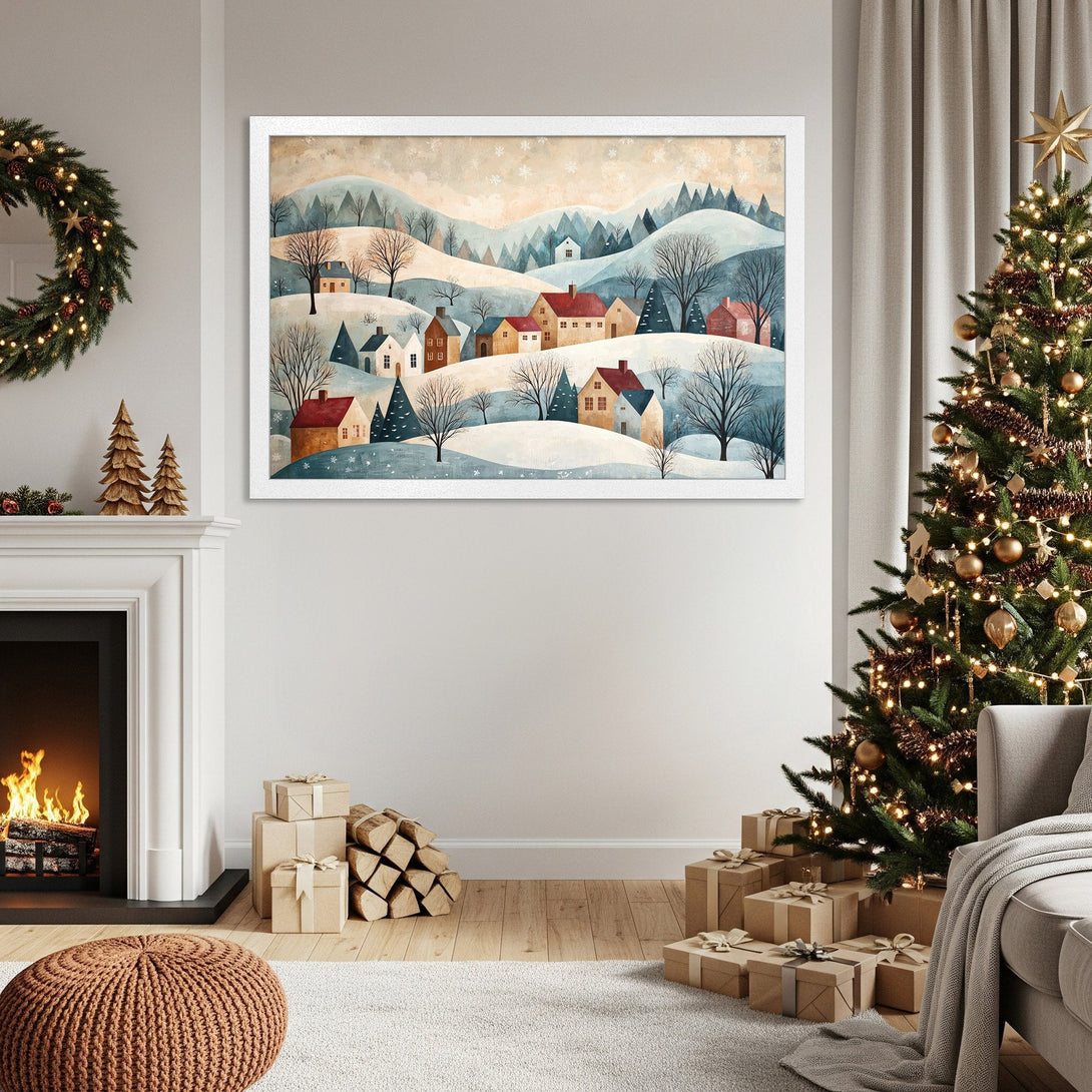 Framed Poster featuring a winter village scene in watercolor style, with a blue and beige color palette. Perfect holiday decor!