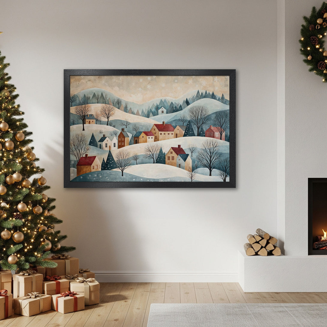 Framed Poster featuring a winter village scene in a watercolor style with blue, beige, and red hues. Perfect holiday decor.