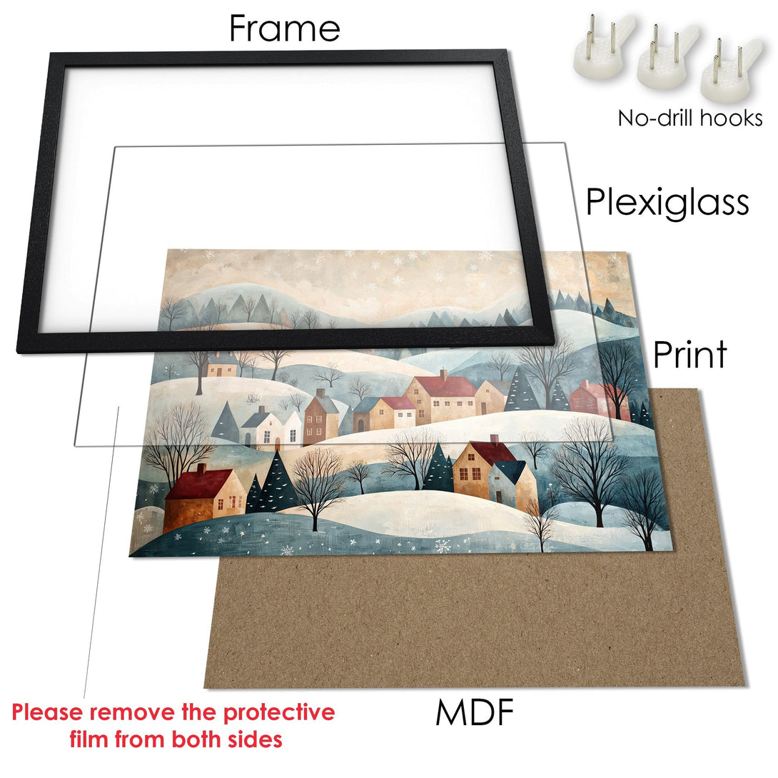 Framed Poster featuring a winter village scene in a soft, muted color palette. Perfect wall art for a cozy home!