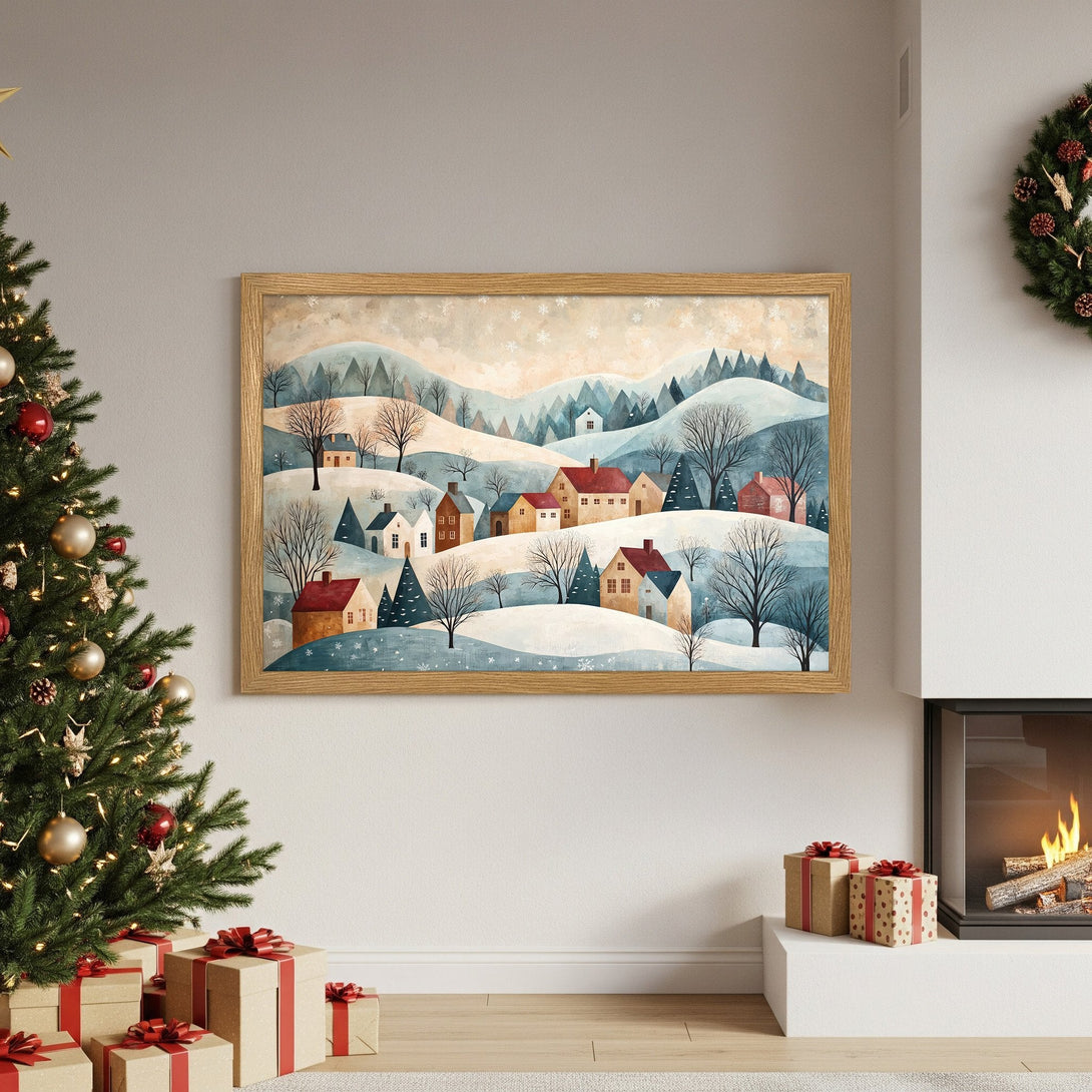 Framed Poster featuring a winter village scene in a whimsical style with a muted blue and warm color palette. Perfect holiday decor!