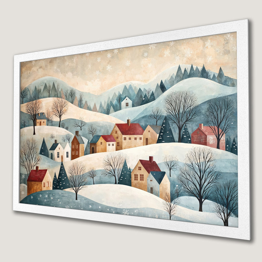 Framed Poster featuring a winter village scene in a whimsical style with a soft blue, beige, and red color palette. Perfect wall art!