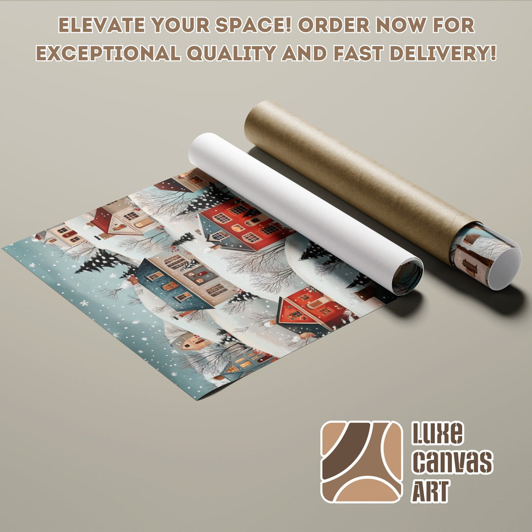 Winter village scene Poster Roll, whimsical style, blue & brown palette. Elevate your space!