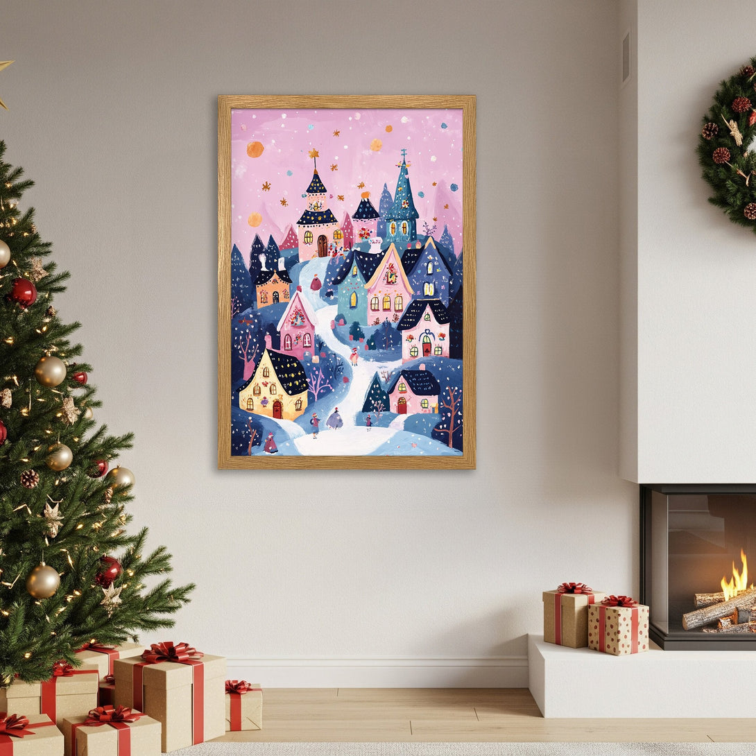 Framed Poster of a whimsical winter village scene in a vibrant blue and pink palette, perfect for holiday decor.