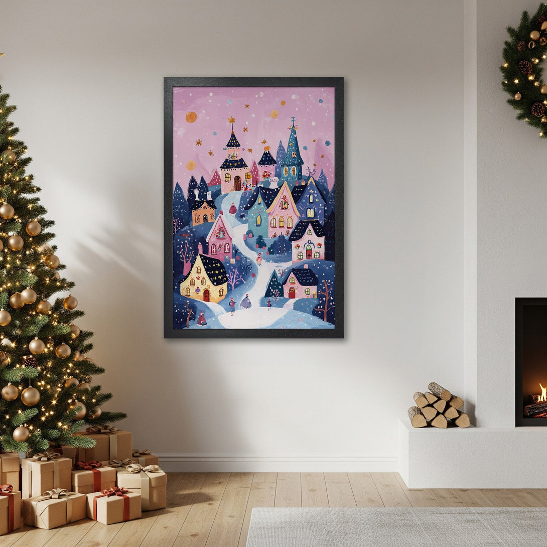 Framed Poster featuring a whimsical winter village scene in a pink, blue, and purple color palette. Perfect holiday decor!