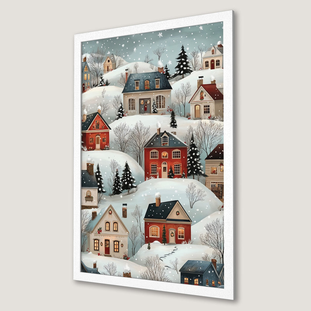 Framed Poster featuring a charming winter village scene. Cozy illustration with a snowy landscape, warm colors, and a touch of holiday cheer.