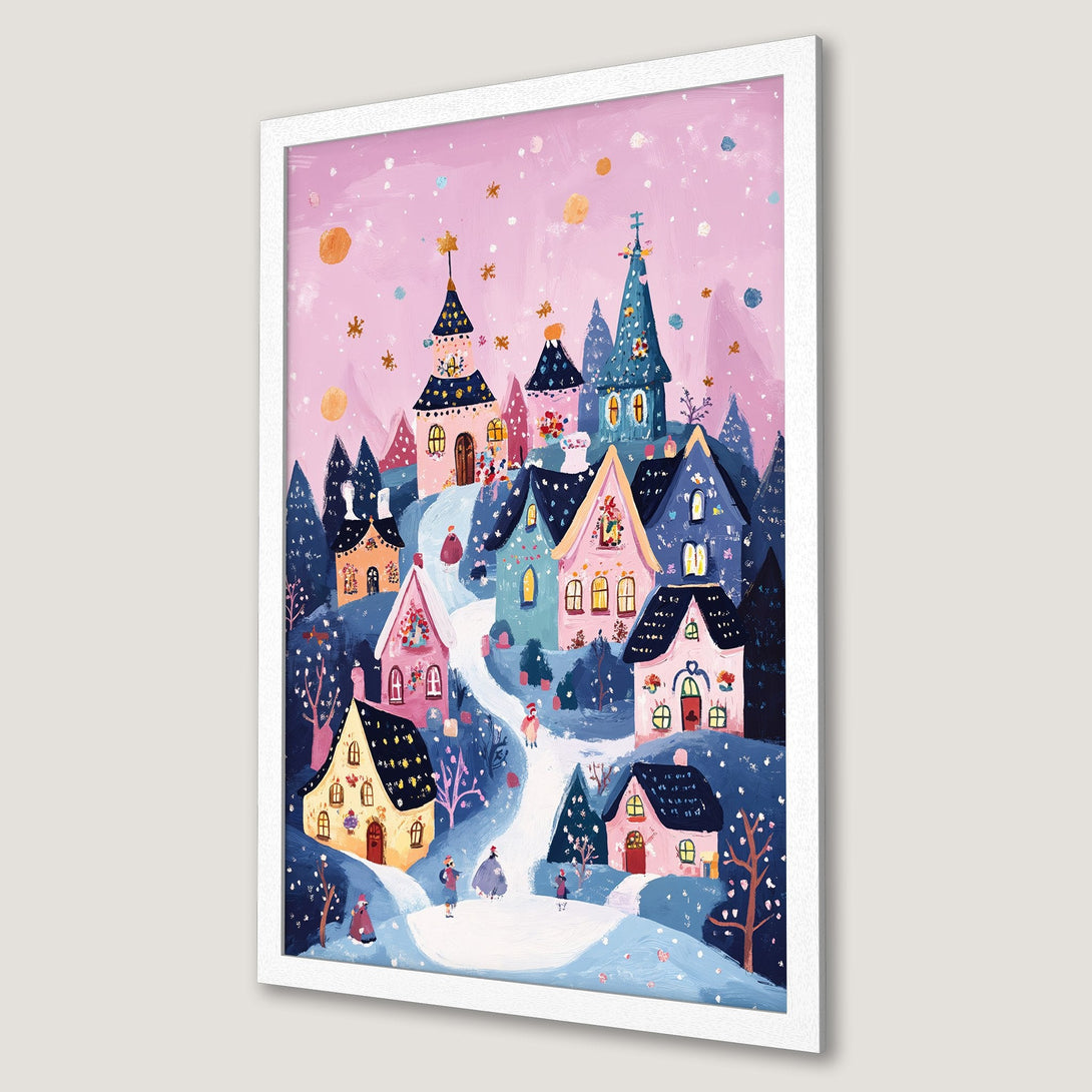 Framed Poster featuring a whimsical village scene in a dreamy style with a pink and blue color palette. Perfect wall art!